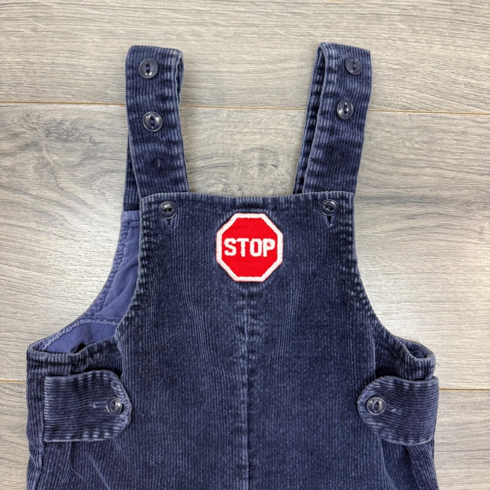 Vtg 90s Ella Worthington Blue Corduroy Overalls STOP Sign Patch Size 12-18M - Picture 2 of 7